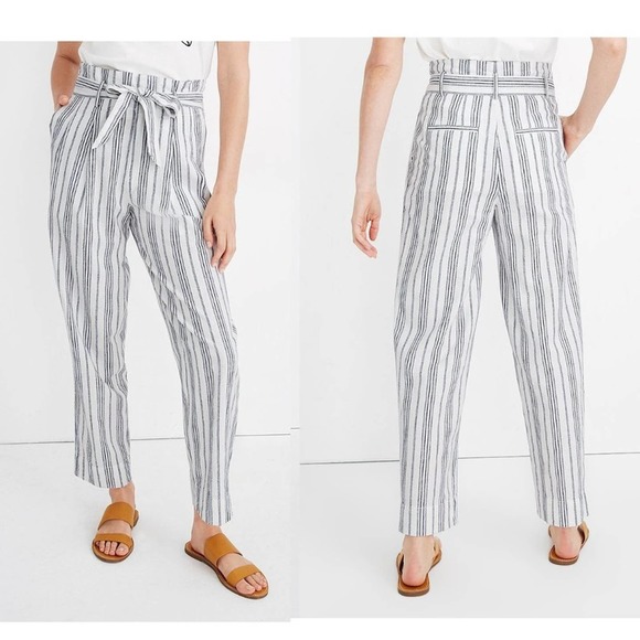 Madewell Pants - Madewell Dark Baltic Slub Stripe Linen-Blend Paperbag Pants
